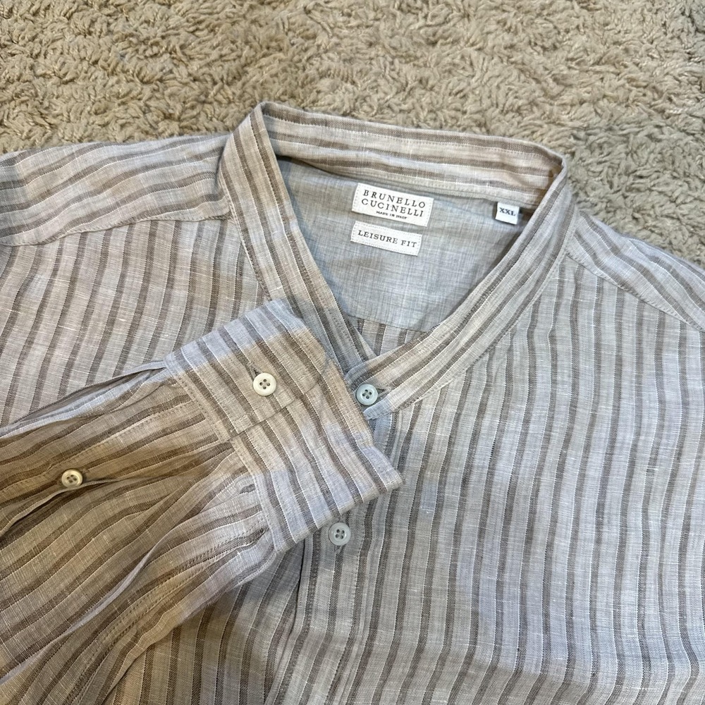 Brunello Cucinelli Shirt Mens 2XL Beige Linen Band Collar Long Sleeve Button Up